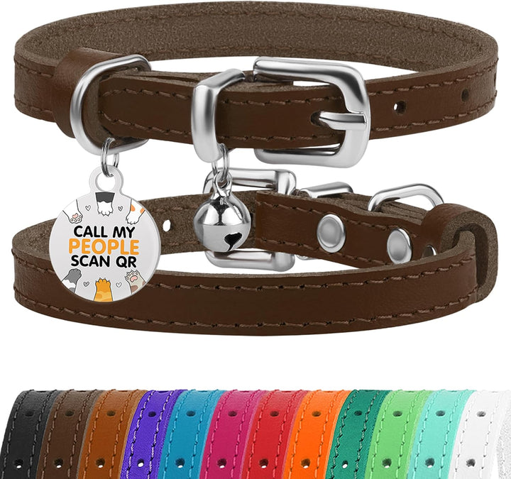 Leather Cat Collar with Removable Bells Non Breakaway Kitten QR Tag for Girl Boy (7" - 9" for Cats, Black & Gold)