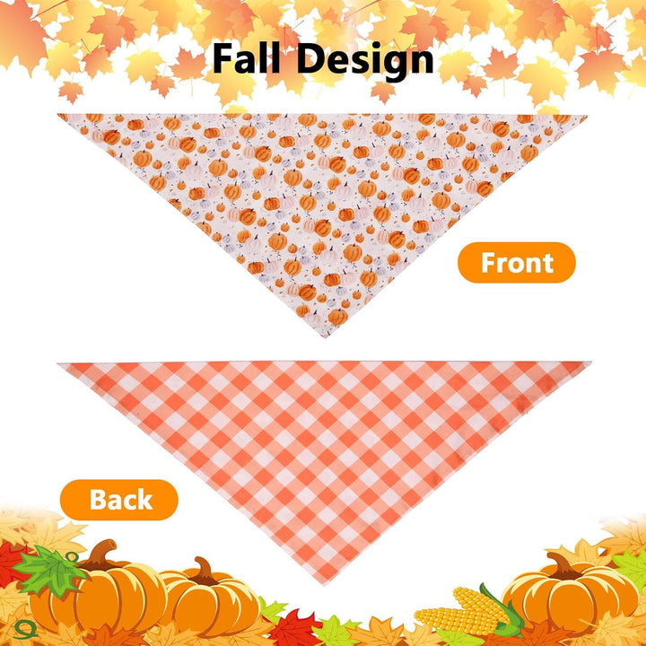 Fall Dog Bandanas 2Pcs-Large, Halloween Thanksgiving Pumpkin and Leaf Bibs Scarf, Reversible Buffalo Plaid Triangle Breed, Puppy Bandanas for Large Medium Girl Boy Dogs Pets Gift