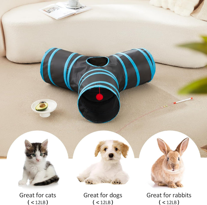 Cat Tunnel Tube Toys 3 Way Collapsible, Cat Tunnels for Indoor Cats，Kitten Tunnel Bored Pet Play Tunnel with Peek Hole Toy Ball for Kitty, Kitten, Rabbit, Puppy Blue