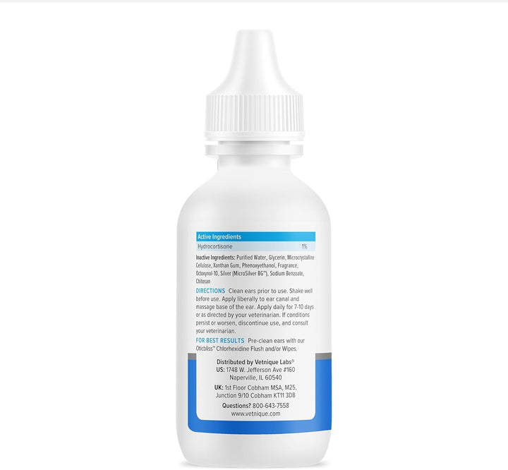 Oticbliss Cat & Dog Ear Infection Treatment Drops - with 1% Hydrocortisone & Microsilver BG for Dog Ear Infections - Vet Recommended Cat & Dog Ear Cleaner for Itchy Ear Relief