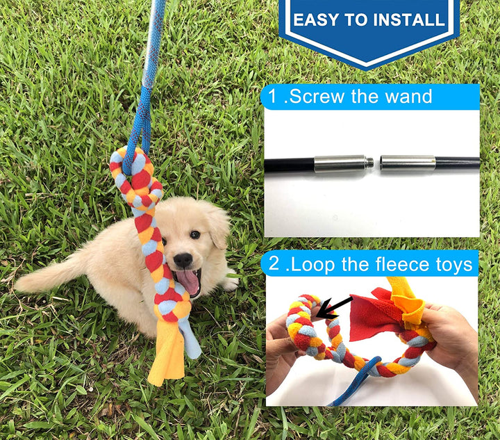 Interactive Flirt Pole Toy for Dogs Chase and Tug of War,Durable Teaser Wand with Pet Fleece Rope Tether Lure Toy to Outdoor Exercise & Training for Small Medium Large Dogs (Blue/Red, POLE-35 Inches)