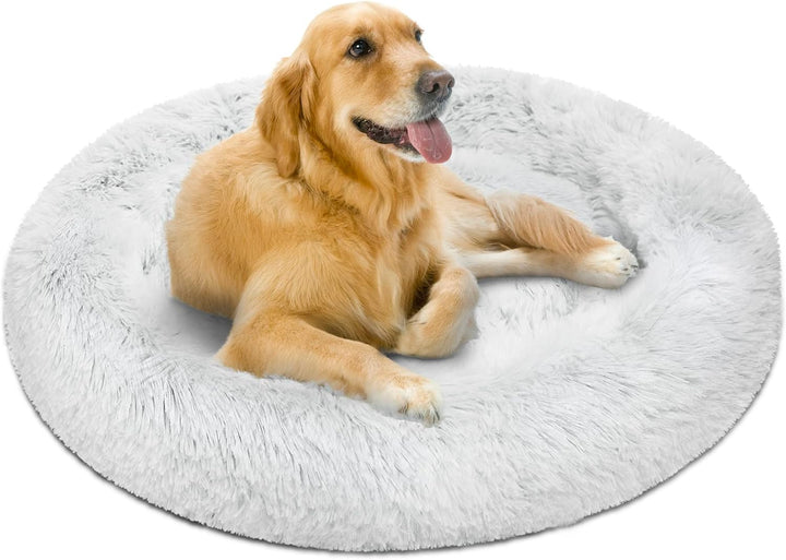 Donut Dog Bed Faux Fur Fluffy Calming Sofa for Medium Dogs, Soft & Plush anti Anxiety Pet Couch for Dogs, Machine Washable Coco Pet Bed with Non-Slip Bottom, 30"X30"X7" Ivory