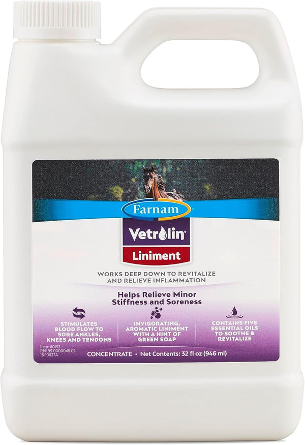 Vetrolin Horse Liniment for Muscle Soreness, Stiffness and Inflammation Relief on Horses, Helps Reduce Swelling, Aids in Pain Relief, 32 Oz.