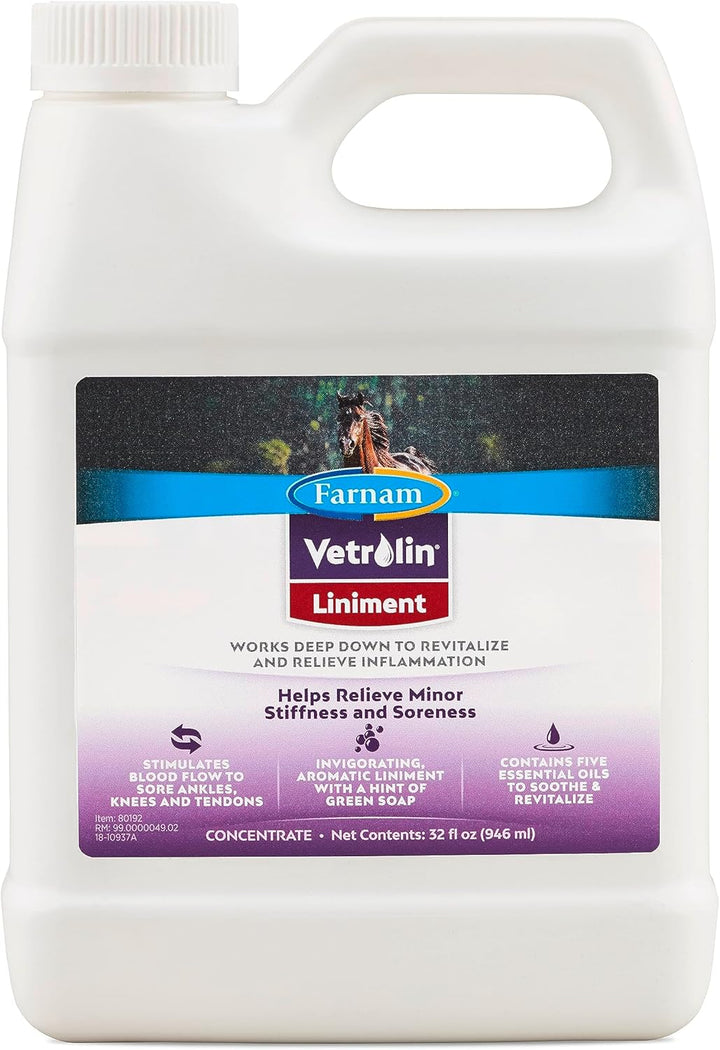 Vetrolin Horse Liniment for Muscle Soreness, Stiffness and Inflammation Relief on Horses, Helps Reduce Swelling, Aids in Pain Relief, 32 Oz.