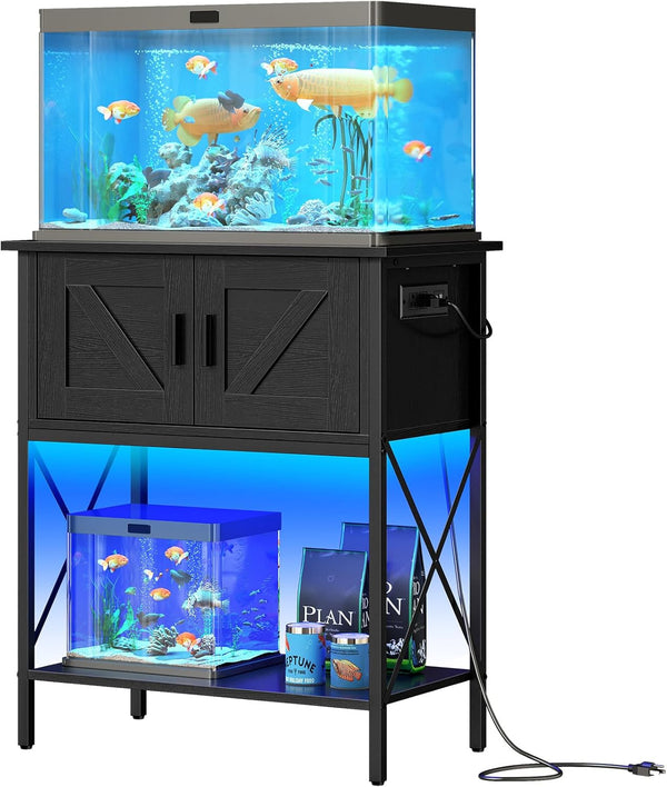 20 Gallon Fish Tank Stand with Power Outlets and LED Light, Metal Frame Aquarium Stand, Reptile, Turtle Tank Stand with Cabinet Storage, 27.6'' L X 15.7'' W, 300 LBS Capacity, Black BB40UDFT01