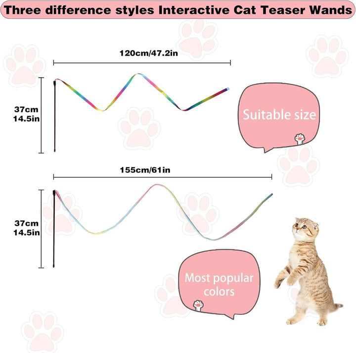 Cat Wand Toys Interactive Kitten Toys for Indoor Cats Colorful Teaser Wand String for Exercise Kitten Stick Kitty Rope Toy Rainbow Ribbon Cat Charmer -2Pcs