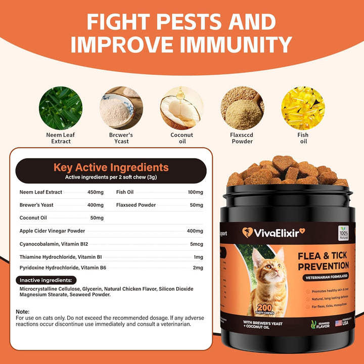 Flea & Tick Treatment for Cats – Natural Flea, Tick & Mosquito Prevention with Brewer’S Yeast, Coconut Oil – Skin & Coat Health, Immune Support – Vet Formulated 200 Chews