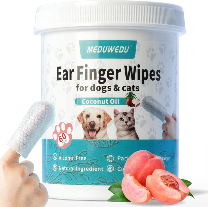 Ear Cleaner Finger Wipes 60 Counts, Dog Ear Cleaner, Grooming Kit Care for Dogs and Cats, Soft & Easy Otic Cleaning Pads, Remove Wax, Dirt & Stop Smelly, Itchy, Non-Irritating, Coconut Scent