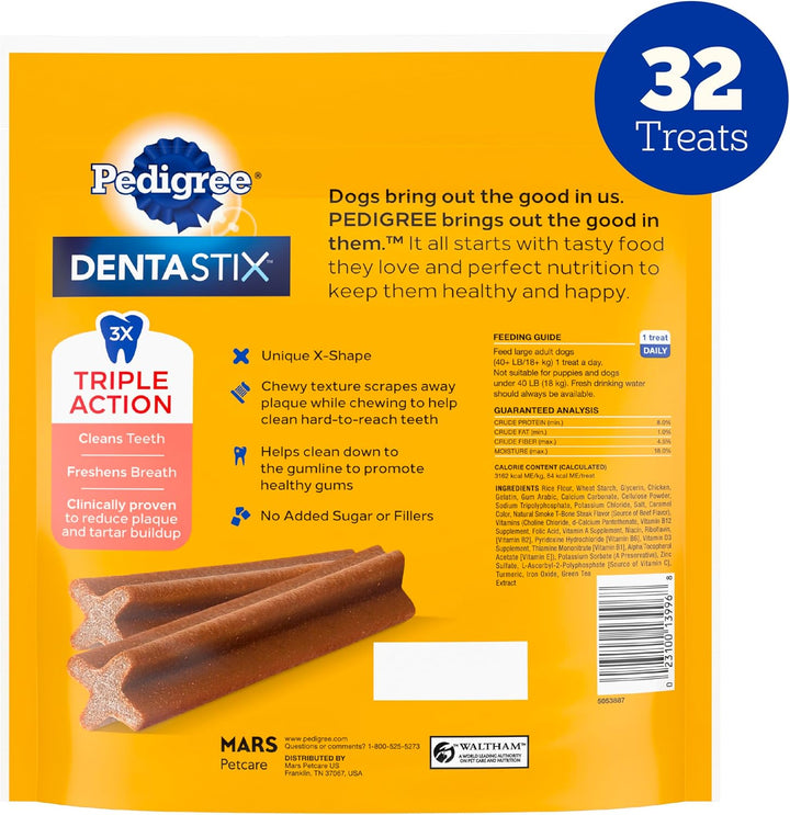 Dentastix Large Breed Dog Treats, Beef Flavor, 1.67 Lb. Bag (32 Treats)