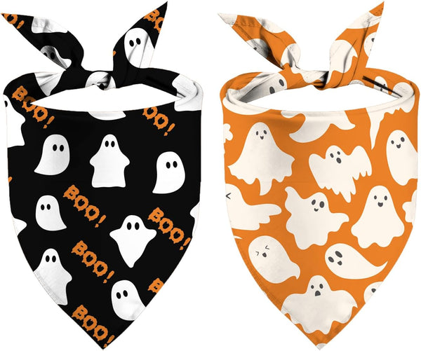 Halloween Dog Bandana Puppy Scarf - Ghosts Boo Dog Outfits - 2 Pcs Adjustable Holiday Party Triangle Reversible Dog Bandanas for Small Medium Large Dogs