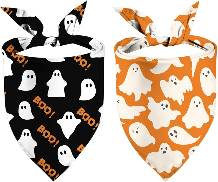 Halloween Dog Bandana Puppy Scarf - Ghosts Boo Dog Outfits - 2 Pcs Adjustable Holiday Party Triangle Reversible Dog Bandanas for Small Medium Large Dogs