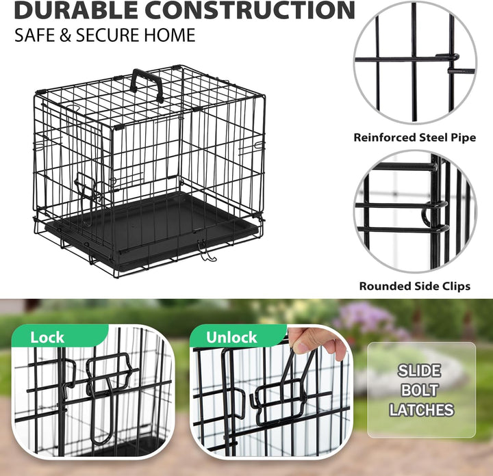 | Dog Crate | 18" | Black | Foldable Metal Kennel with Single Doors, Secure Slide-Bolt Latches, Leakproof Tray | Portable Dog Cage for Small Breeds | for Travel, Indoor & Outdoor Use