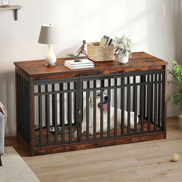 71" Double Dog Crate Furniture with LED Light & Power Outlets, Heavy Duty Dual Dog Kennel TV Stand W Storage Shelves Sliding Doors, Wooden Two Dog Cage Table 2 Medium Large Dogs, Black Oak