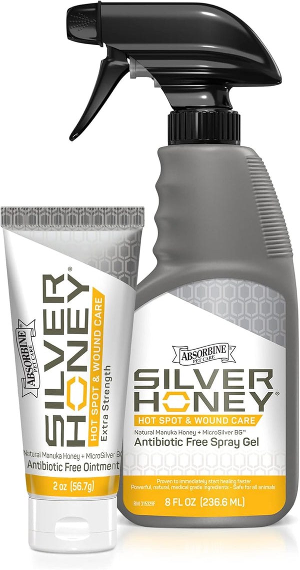 Silver Honey Hot Spot & Wound Care 2Oz Ointment + 8Oz Spray Gel, Manuka Honey & Microsilver BG, Medicated for Dogs, Cats, Small Animals
