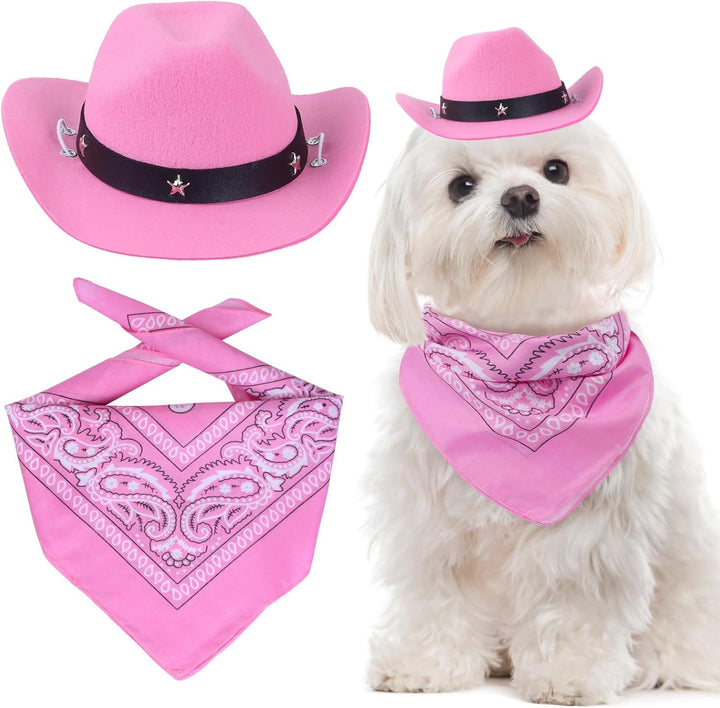 Pet Cowboy Costume Accessories - Dog Cat Pet Size Cowboy Hat and Bandana Scarf West Accessories for Puppy Kitten Party Festival and Daily Wearing Set of 2 (Coffee)