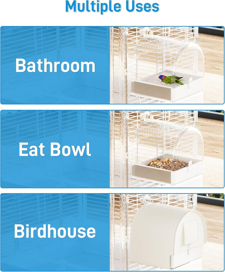 Hanging Bird Bath for Cage, 3 in 1 Multifunction Bird Bath/Bowl/House, Bird Cage Accessories Suitable for Small to Medium Birds, like Lovebirds, Finches, Parakeets, Mannikin