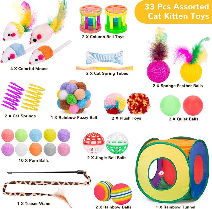 Cat Toys Bundle 33 Pack, Interactive Kitten Toys for Indoor Cats Kitty with Collapsible Play Tunnel Tube Tent Feather Wand Teaser Bell Fuzzy Ball Springs Mouse Toy