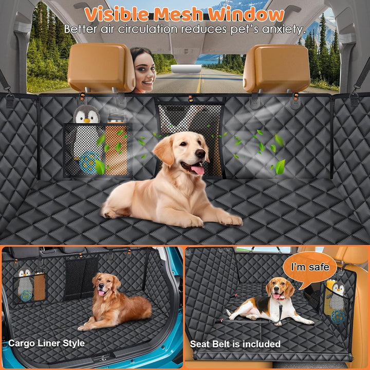 Backseat Extender for Dogs - Hard Bottom Dog Car Seat Cover for Back Seat, Foldable Dog Hammock for Car, SUV, and Truck, Pet Rear Seat Protector Dogs Travel Bed with Mesh Window & Side Flaps