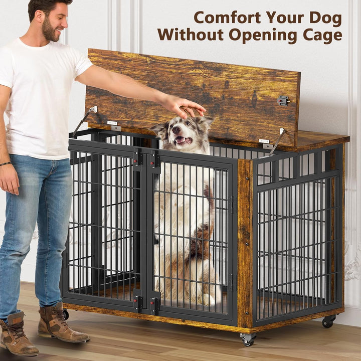 90% Pre-Assembled 41" Moveable XL Dog Crate, Large Dog Crate Furniture with Top-Access Teasing/Feeding Doors, Chew-Resistant Dog Kennel Indoor Furniture for Medium and Large Dogs