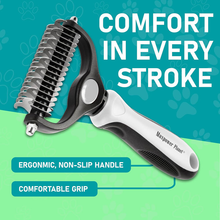 Pet Grooming Brush - Double-Sided Undercoat Rake for Dogs and Cats, Extra Wide, Reduces Shedding by 95%, White