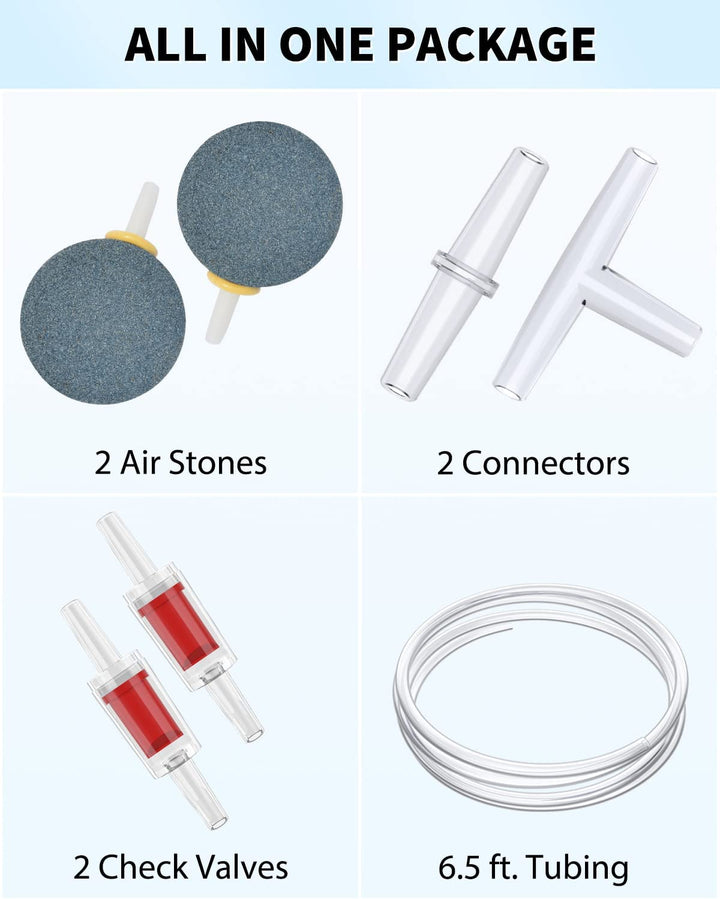 Aquarium Air Pump Dual Outlet Fish Tank Aerator with Accessories for 5-200 Gallon Tank