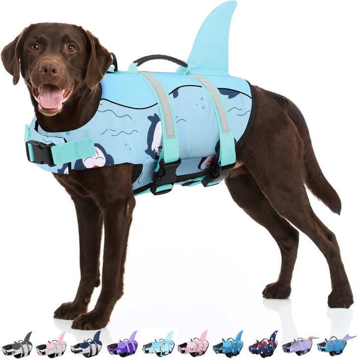 Dog Life Jacket - Shark Life Vest for Swimming Boating - Reflective Lifejacket Swimsuit for Small Medium Large Dogs - High Buoyancy Lifesaver Preserver with Rescue Handle, Grey Shark M