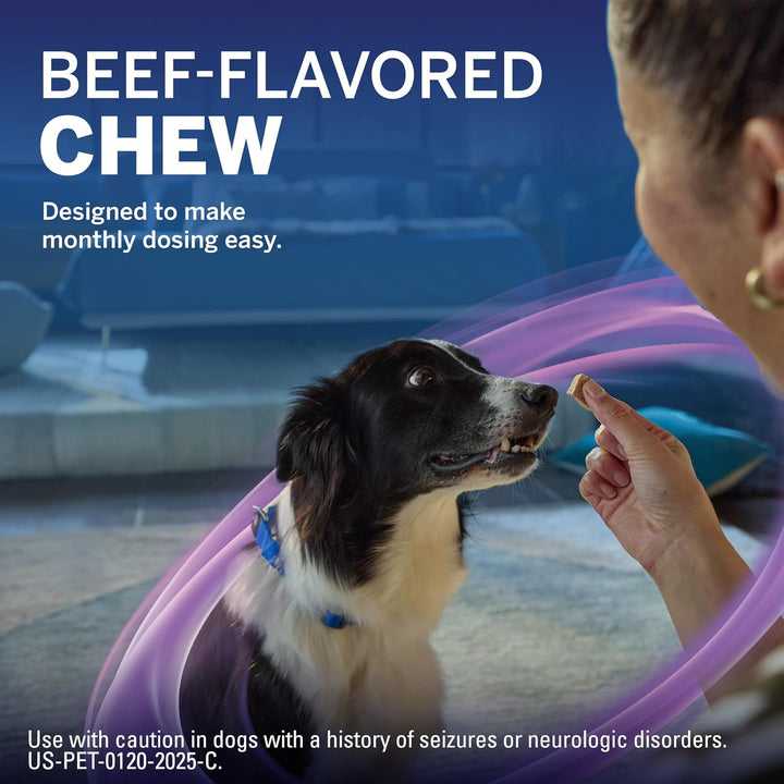 plus (Afoxolaner, Moxidectin, and Pyrantel) Flea and Tick Protection & Heartworm Preventive for Dogs Soft Beef Flavored Chewables, 33.1-66 Lbs. (Purple) 6 Chews (6 Month Supply)