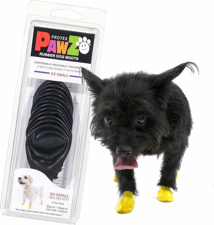 Pawz Rubber Dog Boots for Paws up to 2", 12 Pack - All-Weather Booties for Hot Pavement, Snow, Mud, and Rain - Waterproof, anti Slip Dog Socks - X-Small, Black
