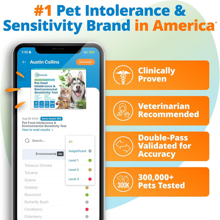 Pet Food Intolerance & Environmental Sensitivity Test, at Home Gut Health Test for Dogs & Cats, 857 Items Tested, Pet Health Check, Results in 4 Days, for All Ages and Breeds