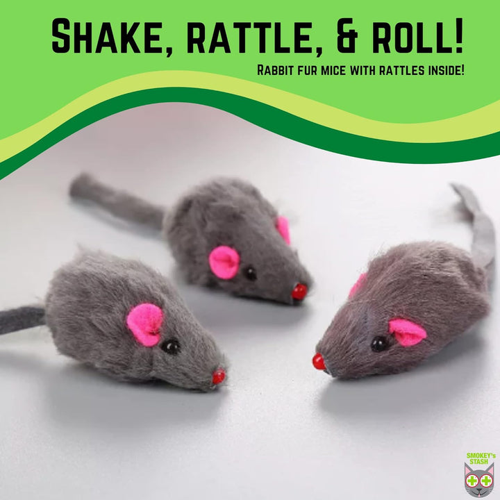 Rabbit Fur Mouse Cat Toy 12 per Pack White and Gray Fuzzy Toys for Cats with Rattle Realistic Fake Mice (12)