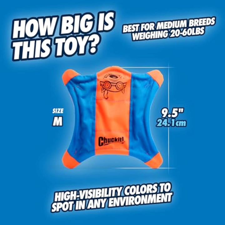 Flying Squirrel Fetch Dog Toy - Water Floating Flyer - Soft and Durable Polyester Canvas Construction - for Medium Dogs - Size Medium - 9.5-Inch Diameter - Pack of 1 - Orange and Blue