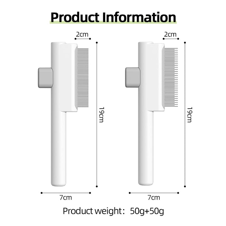 2Pcs Pet Comb Flea Comb Set for Cats Dogs, Cat Grooming Brush with Release Button and Stainless Steel round Teeth, Self-Cleaning Dog Combs for Removing Pet Hair, Knots & Loose Fur, White