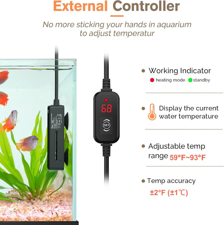 Mini Fish Tank Submersible Heater 50W for 5-10 Gallons Small Betta Aquarium Heater with Digital Display Controller Adjustable Temperature