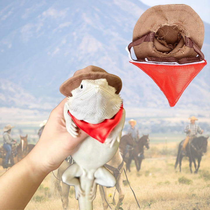 Bearded Dragon Cowboy Costume - Adjustable Lizard Cowboy Hat and Bandana Scarf Reptile Halloween Costume Photo Props for Gecko Chameleon Amphibians Ferret Hamster (Brown)