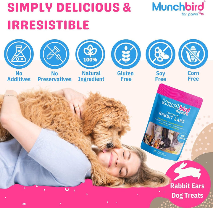 Dehydrated Rabbit Ears 100G (3.5 Oz) 12-15 Pcs for Dogs, European Furry Rabbit Ear Natural Fiber for Pets, Rawhide Free Alternative to Pig Ears Dog Treats, Ear Size Varies