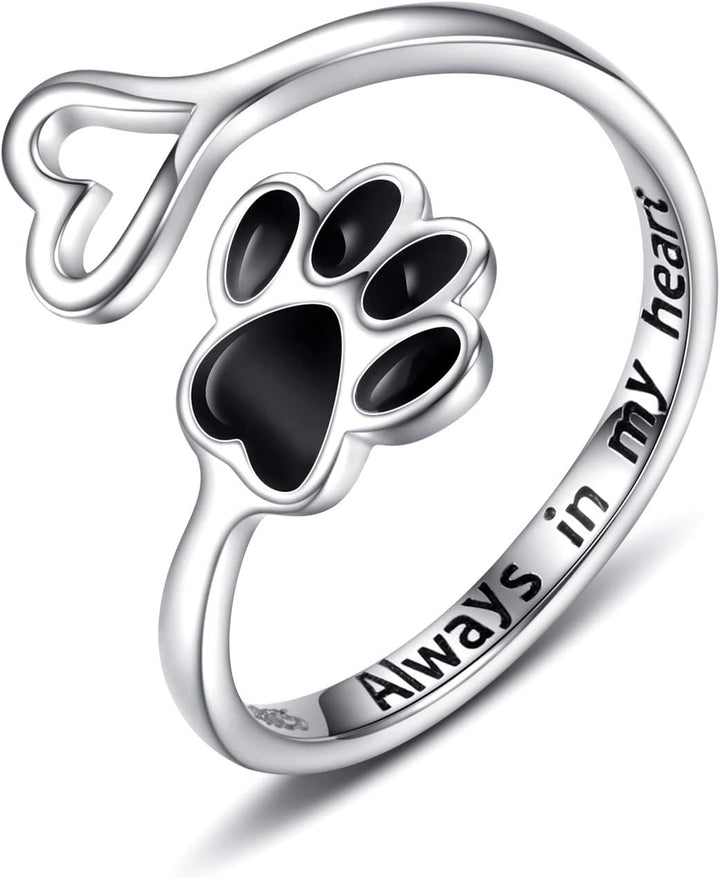 Puppy Lovers Paw Print Heart 925 Sterling Silver Adjustable Ring - Pet Animal Jewelry Creative Pierced Love Dog Cat Claw Ring - Gift for Pet Loving Friends and Families