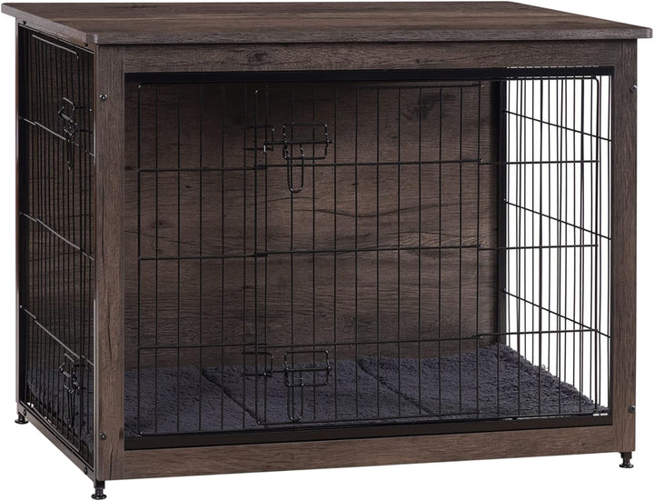 Dog Crate Furniture with Cushion, Wooden Kennel Table with Double Doors, Indoor Dog House, Small/Medium/Large/Extra Large Size, 27.2" L, Rustic Brown