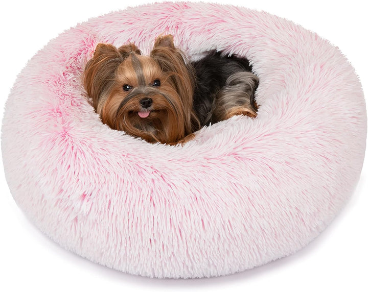 Donut Dog Bed Faux Fur Fluffy Calming Sofa for Medium Dogs, Soft & Plush anti Anxiety Pet Couch for Dogs, Machine Washable Coco Pet Bed with Non-Slip Bottom, 30"X30"X7" Ivory
