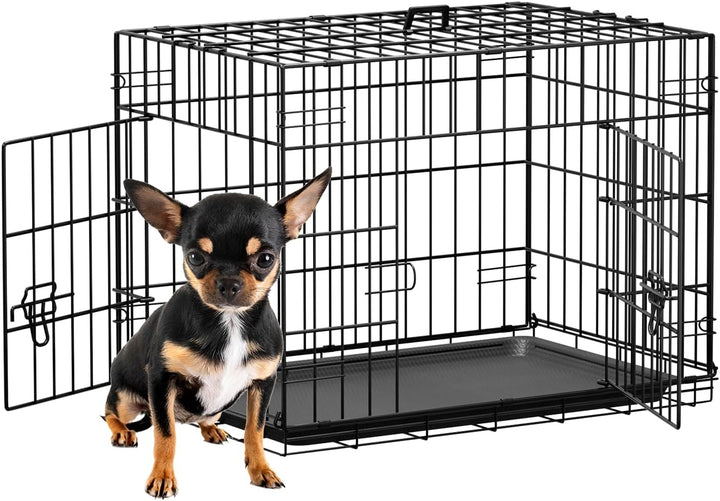 Dog Crate for Small Dogs 24 Inch Folding Metal Wirepet Cage Double Door W/Divider Panel Indoor Outdoor Kennel Leak-Proof Plastic Tray,Black