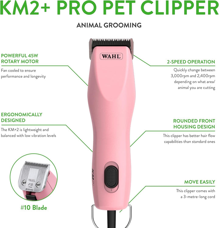 Pro Animal KM2+ Corded Clipper - Pet Clippers for Cats, Dogs & Horses - Premium Grooming Tools - 2 Speeds & 14-Foot Cord - Pink