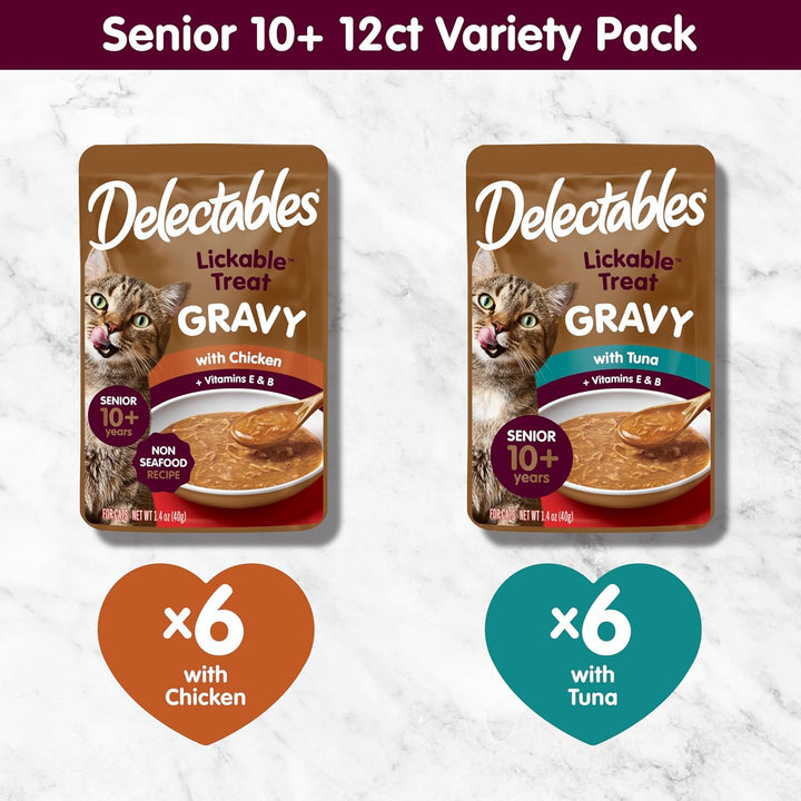New! Delectables Lickable Treat Gravy Senior 10+ Variety Wet Cat Treat & Food Topper, Food Topper, Hydrating, Grain-Free, No Fillers, No By-Products, No Added Preservatives, 1.4-Oz Pouch, 12 Count