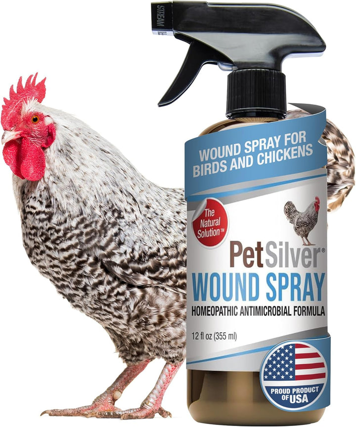 Chicken Wound Spray for Chickens & Birds - Patented Silver Solution - Silver Spray for Wounds, Pecking Sores, Bumblefoot, Cuts, Burns, & Skin Irritations - Chicken Care - USA Made - 12 Fl Oz