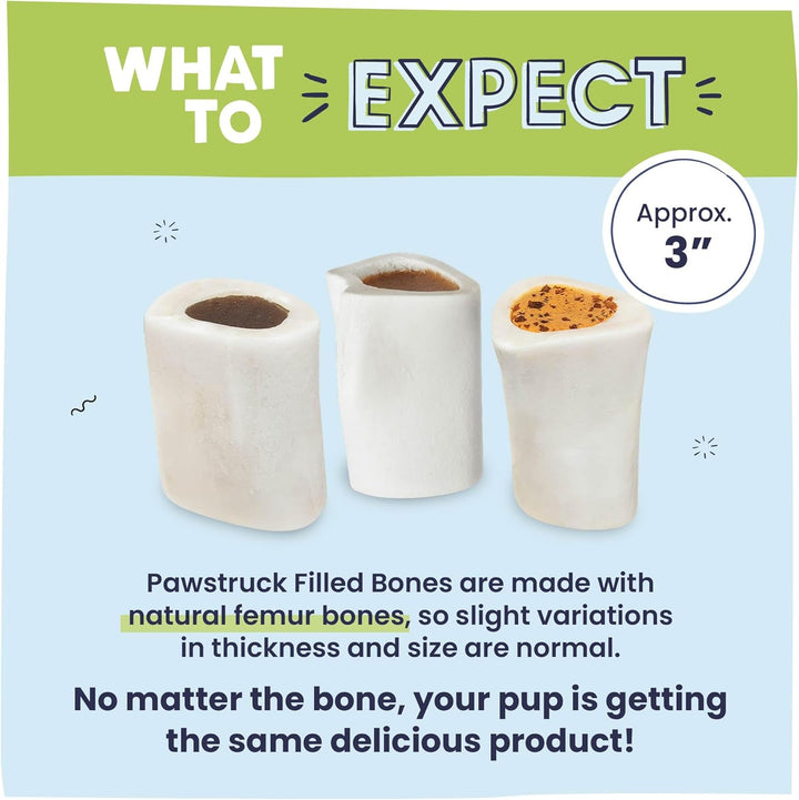 Small 3” Filled Dog Bones Variety Pack - Peanut Butter, Cheese & Bacon, Beef Flavors - Made in USA Long Lasting Stuffed Femur Treat for Aggressive Chewers - Pack of 3 - Packaging May Vary