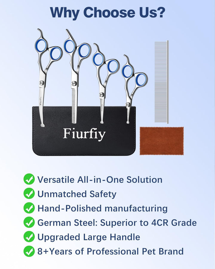 6-In-1 Dog Grooming Scissors - Professional Stainless Steel Hair Cutting Kit with Safety Rounded Tips, Ergonomic Soft-Grip Handles for Small & Large Dogs, Cats
