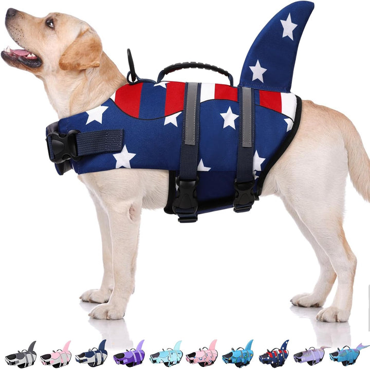 Dog Life Jacket - Shark Life Vest for Swimming Boating - Reflective Lifejacket Swimsuit for Small Medium Large Dogs - High Buoyancy Lifesaver Preserver with Rescue Handle, Grey Shark M