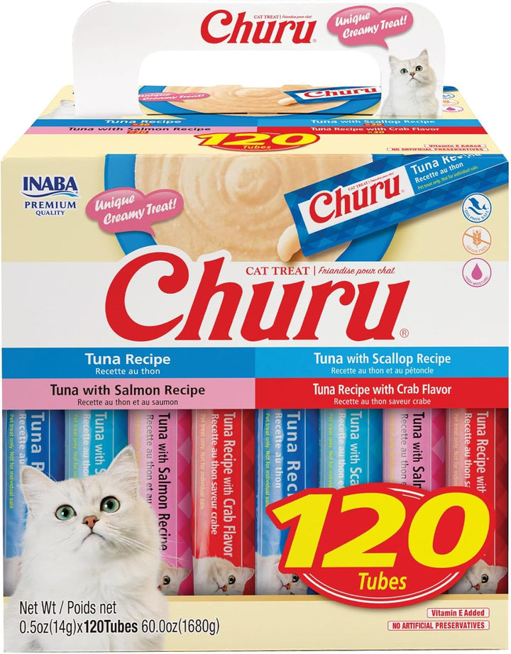 Churu Cat Treats, Lickable, Squeezable Creamy Purée with Vitamin E, 0.5 Ounces per Tube, 120 Tubes Total, Chicken Variety