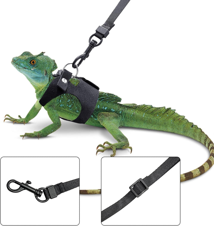 Bearded Dragon Harness and Leash Set, 3 Size Adjustable Soft Leather Reptile Leash, Lizard Harness with Retractable, Small Animal Outdoor Walking Vest with Traction Rope, 3 Pack, Black