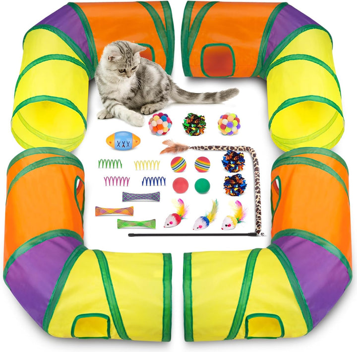 Cat Toys Bundle 33 Pack, Interactive Kitten Toys for Indoor Cats Kitty with Collapsible Play Tunnel Tube Tent Feather Wand Teaser Bell Fuzzy Ball Springs Mouse Toy