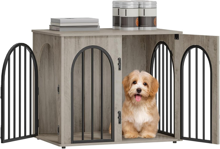 31.5'' Wooden Dog Crate Furniture, Indoor Dog Kennel Dogs Cage for Small/Medium Dogs, Heavy Duty Dog Crates Decorative Pet House End Side Table TV Stand, White Brown DFC85114B