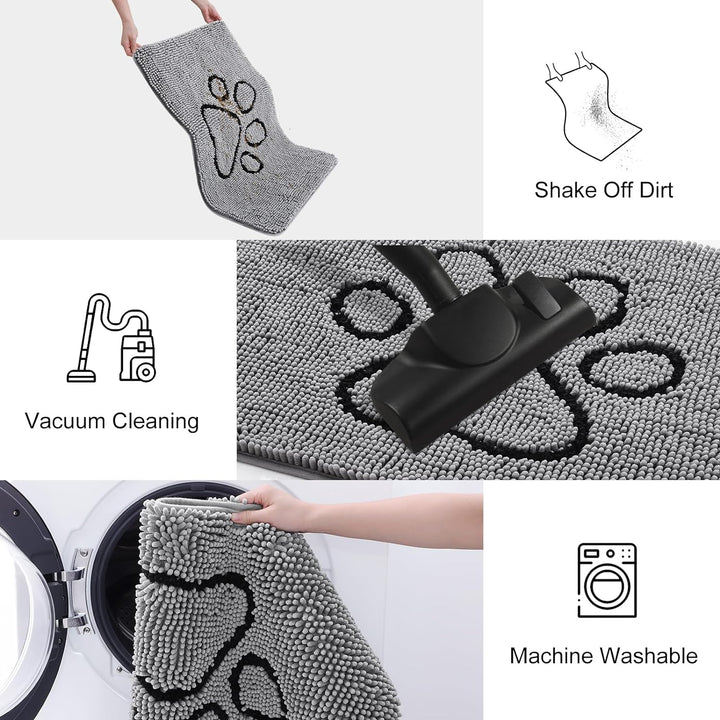 Dog Door Mat for Muddy Paws, Absorbent Dirt Trapper Non Slip Quick Dry Washable Chenille Mat for Mud Dogs, Entry Rug for Indoor and Outdoor (30X20 Inches, Grey)